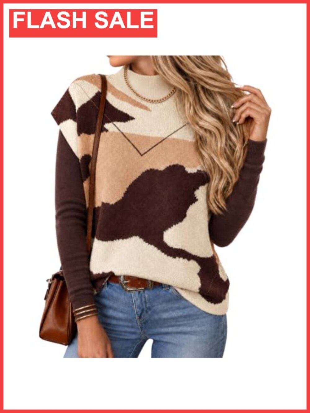 Women's Camo Mock Neck Sweater Vest Sleeveless Jacquard Knit Pullover